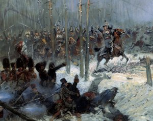 1812年的俄罗斯战役。"1812年11月28日，杜波依斯上校的第七战舰在俄罗斯的贝雷齐纳（Beresina）的冲锋 "详图。让-巴蒂斯特-爱德华(Jean Baptiste Edouard)的绘画(1848-1912) 19世纪。巴黎，军事博物馆 作者 让·巴蒂斯特·爱德华·Detaille