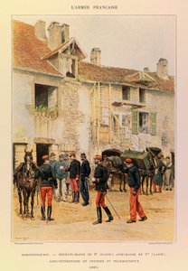 儒勒-理查德上尉的法国军队的类型和制服，由爱德华-迪特尔（1848-1912）绘制。行政管理。二等兵少校；一等兵少校；一等兽医助理和电报员，1887年，私人收藏。 作者 让·巴蒂斯特·爱德华·Detaille