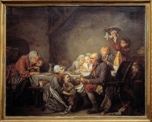 国王蛋糕 一个家庭在主显节盛宴上分享蛋糕。 Jean Baptiste Greuze (1725-1805) 1774 年作画。 0,72x0,91 m 蒙彼利埃法布尔博物馆 作者 让·巴蒂斯特·格鲁兹