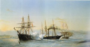 1844 年法国中队轰炸摩加迪沙海岸时，两艘摩洛哥双桅船与一艘法国轮式护卫舰在摩洛哥海岸前发生的海战。 作者 让·巴蒂斯特·亨利·杜兰德·布拉格