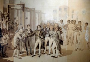 拿破仑·波拿巴 (1769-1821)，第一任领事，在约瑟芬·德·博哈奈 (Josephine de Beauharnais) 的陪同下，参观了位于鲁昂的 Sevene 兄弟的天鹅绒工厂，1802 年 11 月在让·巴蒂斯特·伊萨贝 (Jean Baptiste Isabey) (1767-1855) 的水洗中绘画 1804 年太阳。 1,24x1,76 米凡尔赛宫，亩