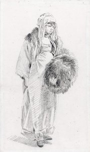 Russian woman with a fur muff par Le Prince, Jean-Baptiste (1734-1781), Between 1758 and 1761 - Black chalk on paper, 22,9x13,8 - Private Collection