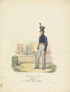 炮兵军官，1820-1825 年
荷兰军队炮兵军官 Nat.le Militie（物品上的标题）
荷兰王国的军装。献给比兰特的威廉阁下（文物上的系列名称）