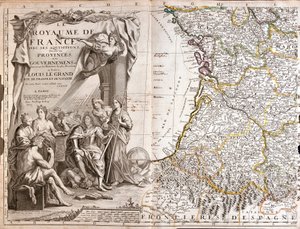 Guyenne 和 Gascony 的地图，路易十四（1638-1715）的肖像被寓言人物包围 作者 让·巴蒂斯特·诺林（Jean Baptiste Nolin）