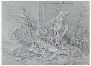 鱼和鹦鹉的静物画 作者 Jean-Baptiste Oudry