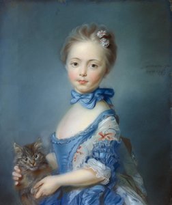 带猫的女孩的肖像“”让-巴蒂斯特·佩罗诺 (Jean Baptiste Perronneau) 的粉彩画 (1715-1783)