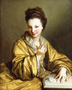 身穿黄色长袍的年轻女士，坐在餐桌旁，招手，1703年 作者 让·巴蒂斯特·桑特尔