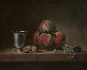 静物与桃子，银色高脚杯，葡萄和核桃，c.1759-60（布面油画）
