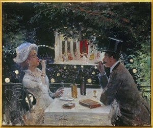 大使们的晚餐。Jean Beraud (1849-1935)的画作，20世纪。油画在木头上。尺寸：0.37 x 0.45米。巴黎，卡纳瓦莱博物馆。 作者 让·贝罗