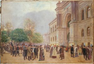 离开沙龙，工业宫，约 1890 年（布面油画） 作者 让·贝罗