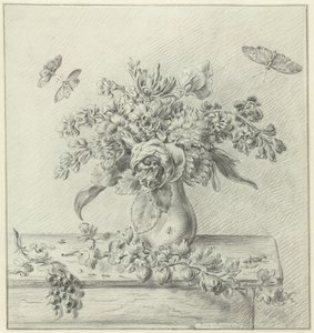 插花、水果和昆虫静物画 作者 让·伯纳德