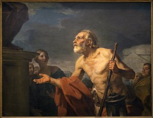 Diogene向雕像索要almone。(Sinope Diogene被称为愤世嫉俗，大约在公元前413-约327年)。让-伯纳德-雷斯托特（1732-1797）的画作，帆布油画 作者 让·伯纳德·雷斯特特