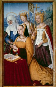 法国女王布列塔尼（1477-1514）的肖像，与她神圣的守护神圣安妮、圣海伦和圣乌尔姆在一起祈祷，微型画取自让-布迪雄（1457-1521）1503-1508的《布列塔尼的伟大时刻》。巴黎，B.N. 作者 让·布迪雄
