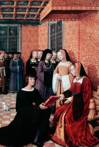 诗人让-马罗（1450-1526）向布列塔尼的安妮（1477-1514）递交他的作品《热那亚之旅》，约1508年，让-布尔迪雄（1457-1521）的微型画。法国 作者 让·布迪雄