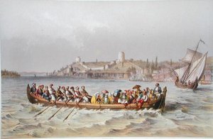 博斯普鲁斯海峡上的一艘渡船，来自《君士坦丁堡回忆录》的插图，1855年出版（彩色平印）。