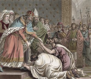 查理曼（742-814）接待东方皇帝的大使，由Jean Baptiste Morret（1790-1820）雕刻，1789年 作者 让·克洛德·奈根（Jean Claude Naigeon）