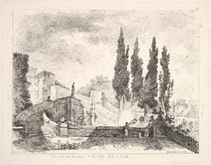 蒂沃利别墅dEste的花园景观，右侧的塞浦路斯树，楼梯龙头...，1764年。