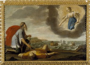 Aesculapus resurrecting Hyppolite: Son of Thesee dead is resurrected by Esculapus under the gaze of Artemis