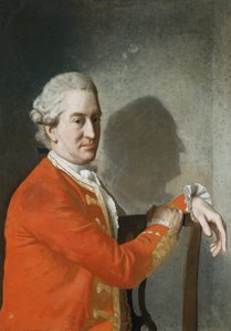 詹姆斯·汉密尔顿（James Hamilton）的肖像，克兰布拉西尔第二任伯爵，半身，穿着红色外套，坐在桃花心木椅子上，他的头像投在背后墙上的阴影中，1774年 作者 让·埃蒂安·利奥塔