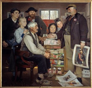 面包师的宣传场景。一个面包师正试图说服一个老农入党。尤金-布兰（1852-1927）的画作