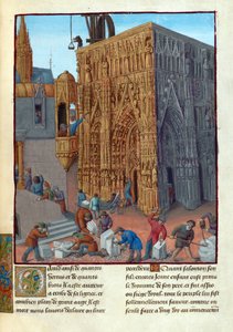 La construction du temple de Salomon - 所罗门圣殿的建造。弗拉维乌斯-约瑟夫《犹太人的古迹》（Antiquitatum Iudaicarum）中的插图 par Fouquet, Jean（1420-1481 年）。羊皮纸上的水粉画，15 世纪晚期，国家图书馆