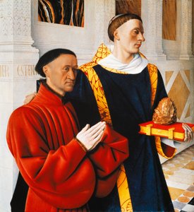 Melun Diptych 的左侧面板：Etienne Chevalier 与他的守护神 St Stephen