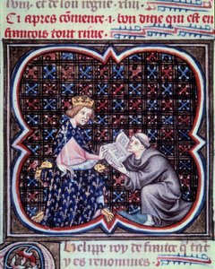教长向菲利普三世（1245-1285）介绍法国大纪元的文本。让-富凯（Jean Fouquet，1420-1481）《法国大纪事》手稿中的微型画。巴黎。B N 作者 让·富凯