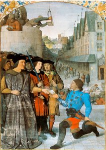 Viscount of Rochechouart receiving a royal messenger. Miniature by Jean Fouquet (1420-1481) from “The Great Chronicles of France”. 1455-1460 作者 让·富凯