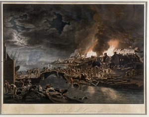 被旺代人围困在火焰中的格兰维尔，根据J. François Hue的画作，约1800年。 作者 让·弗朗索瓦·顺化