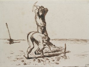 两个农民用镐头挖土，约1844-1846年 作者 Jean Francois Millet