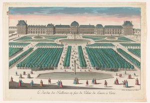 从巴黎杜乐丽花园向卢浮宫方向看去的景色 巴黎杜乐丽花园 (Le Jardin des Tuillereries enface du Palais du Louvre à Paris)（物品上的标题） 作者 无名氏