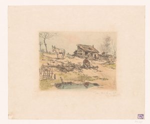 人与驴在小屋附近的风景
La cabane du chiffonnier 作者 Jean François Raffaëlli（艺术家签名）