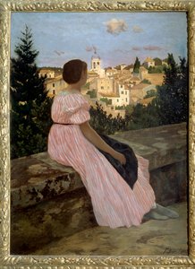 Castelnau le Lez（或 Castelnau-le-Lez，Herault）的粉红色连衣裙或视图。 艺术家的侄女 Therese des Hours 的肖像。 Jean Frederic Bazille (1841-1870) 1864 年作画。 1,4x1,1 米。 布面油画。 巴黎，奥赛博物馆 - 粉红色连衣裙或 Cas 观 作者 让·弗雷德里克·巴齐尔