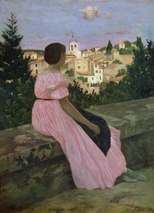 粉红色的连衣裙，或者视图的Castelnau-le-Lez，Herault，1864 作者 让·弗雷德里克·巴齐尔