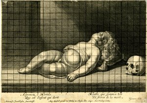 让-加尼耶 - 头靠在垫子上睡觉的孩子；右侧是头骨。1640 作者 让·加尼尔