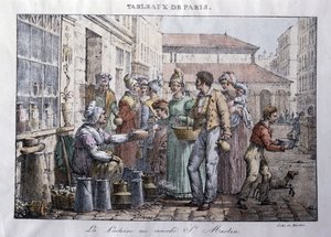 巴黎古老的街道。La laitiere du marche Saint Martin (Saint-Martin) - Jean Henry Marlet (1771-1847)在 "Les Tableaux de Paris "系列中的版画，共72幅，19世纪末。