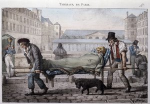 前巴黎街头的元老：可怜的病人由担架引向医院。让-亨利-马雷（1771-1847）的版画，载于 "巴黎的表象 "系列，共72幅，19世纪末。 作者 让·亨利·马莱特