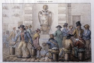 Former street metier in Paris: water carrier in front of a fountain. Engraving by Jean Henry Marlet (1771-1847) in “” Les Tableaux de Paris””, series of 72 prints, late 19th century. 作者 让·亨利·马莱特