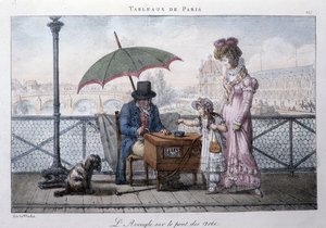 巴黎老街景：艺术桥上的盲人乞丐。 Jean Henry Marlet（1771-1847）在“Les Tableaux de Paris”中的版画系列，共 72 幅，19 世纪后期。
