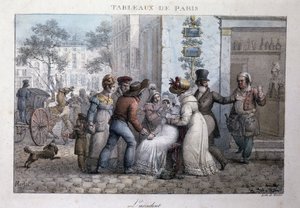 巴黎旧街景：事故（路人支持的女人）。 Jean Henry Marlet（1771-1847）在“Les Tableaux de Paris”中的版画系列，共 72 幅，19 世纪后期。 作者 让·亨利·马莱特