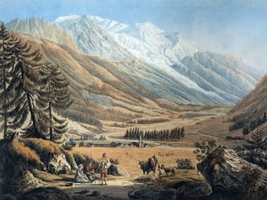 让-丹尼尔-胡贝尔（Jean Daniel Huber）在约 1785 年的旅行中从 Argentiere 村俯瞰霞慕尼山谷（版画