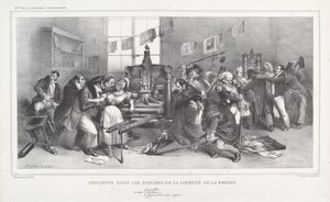 对新闻自由讲习班的突击检查 作者 Jean Ignace Isidore Grandville 和 Auguste Desperet