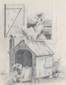 狗在狗屋里，公鸡在窗口唱歌，约1842年。 作者 让·伊格纳斯·伊西多尔·杰拉德