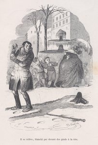 他站起来，从头到脚都是雪。出自《人类生活的小苦难》，1843年。 作者 让·伊格纳斯·伊西多尔·杰拉德