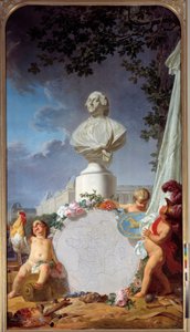 学术欧洲 法国荣耀的寓言代表，路易十六 (1754-1793) 的半身像在法国财产、公鸡、天使和艺术和科学的象征的地图上占据主导地位。 Jean Jacques Bachelier (1724-1806) 的绘画 1762 凡尔赛宫 作者 让·雅克·巴切里尔