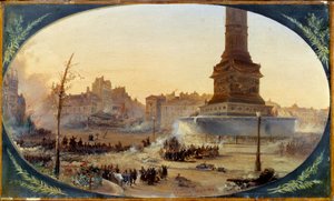 1848 年革命：“” 巴士底广场和 Faubourg Saint Antoine 入口路障的景色 1848 年 6 月 25 日“让·雅克·尚平（Jean Jacques Champin，1796-1860）1848 年在 Maroufle 纸上作画。 0,28 x 0,43 m 巴黎，卡纳瓦莱博物馆