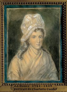 Charlotte Corday (1768-1793) 的肖像 18 世纪 Jean Jacques Hauer (1751-1829) 的画作。 凡尔赛宫。 兰比内博物馆