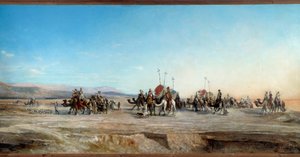 在沙漠中寻找游牧人和骆驼的露营商队。 Jean Joseph Bellel (1816-1898) 的绘画 19 世纪蒙彼利埃，法布尔博物馆 - 寻找营地。 沙漠中的游牧商队和骆驼。 让·约瑟夫·贝勒尔 (Jean Joseph Bellel) 的绘画（1816-1898） 作者 让-约瑟夫·贝勒