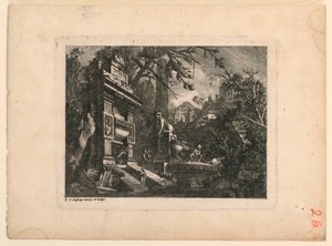 带有坟墓和废墟的建筑幻想，选自《乔凡-洛伦的发明》的版画。Loren, Legeay Architet.1768 年由他本人绘制"。
