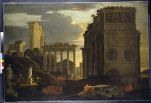 Capriccio 视图与凯旋门旁的人物以及土星和木星 Tonans 神庙（布面油画） 作者 让·勒梅尔